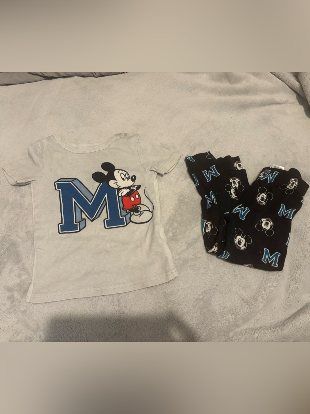 Disney White and Blue Mickey M Pajama Set with Black Printed Pants